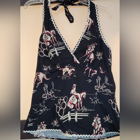 Pinup Couture Halter Top Rare Western Cowboy Print With Cute Ric Rac Trim 2x - Picture 7 of 9
